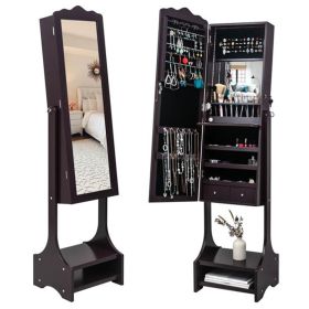 Freestanding Jewelry Cabinet;  Lockable Mirrored Jewelry Armoire w/ 2 Drawers and 4 Shelves - Brown