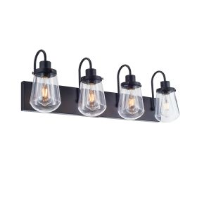 Indoor Modern Bedroom Wall Lamp In Matte Black, Iron Clear Glass Shade,4-Lights E26 Bulb Bathroom Vanity Light