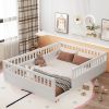 Full Floor Bed Frame with Fence, Wood Kids Floor Beds Frame for Bedroom Playroom,White(Expect arrive date Jul. 10th)