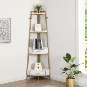 Corner Shelf with Two Drawers 72.64'' Tall;  4-tier Industrial Bookcase;  Gold