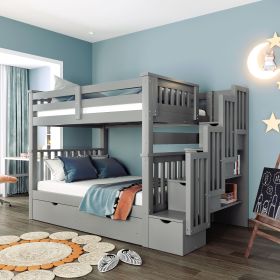 Full Over Full Bunk Bed with Shelves and 6 Storage Drawers, Gray(Old SKU:LP000046AAE)