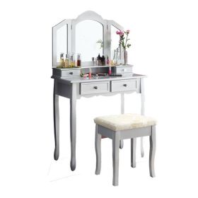 Wooden Vanity Make Up Table and Stool Set, Silver