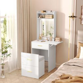 Small Vanity Desk with Mirror and Light, Dressing Table with Charging Station & Fold-up Panel for Small Space