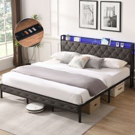 King Bed Frame with Storage Headboard, Charging Station and LED Lights, Upholstered Platform Bed with Heavy Metal Slats, No Box Spring Needed