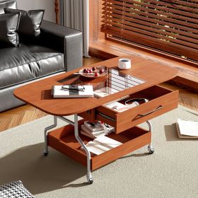 Modern Extended Coffee Table with Wheels, Folding Coffee Table with 1 drawer and 2-Tier Storage, Metal Frame Wood Coffee Table for Living Room