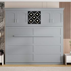 Queen Size Murphy Bed Wall Bed with Top Cabinets & Wine Rack ,Gray