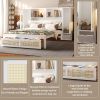 Twin Size Wooden Bed with Two Storage Lockers, Drawer, and Storage Shelf on Headboard, Multifunctional Platform Bed with Natural Rattan, White