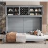 Queen Size Murphy Bed Wall Bed with Top Cabinets & Wine Rack ,Gray