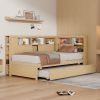 Twin Size Wood Daybed with Storage Shelves, USB and Trundle, Natural