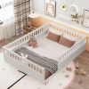 Full Floor Bed Frame with Fence, Wood Kids Floor Beds Frame for Bedroom Playroom,White(Expect arrive date Jul. 10th)