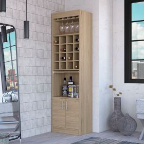 Myers Bar Cabinet; Two Shelves; Double Door Cabinet; Six Built-in Wine Rack (Color: Light Pine)