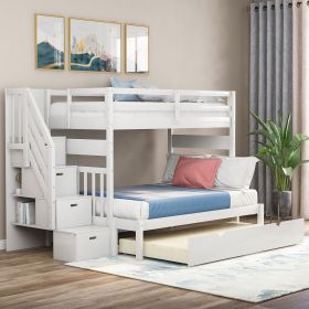 Twin over Twin/Full Bunk Bed with Twin Size Trundle (Color: White)