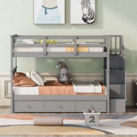 Stairway Twin-Over-Twin Bunk Bed with Three Drawers for Bedroom, Dorm - Gray (Color: Gray)