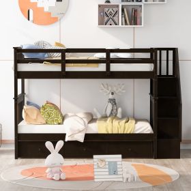 Stairway Twin-Over-Twin Bunk Bed with Three Drawers for Bedroom, Dorm - Gray (Color: Espresso)