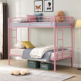 Bunk Bed Twin Over Twin Size with 2 Ladders and Full-Length Guardrail, Metal, Storage Space, No Box Spring Needed, Noise Free, Black (Color: Pink)