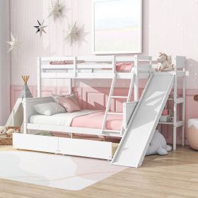 Twin over Full Bunk Bed with 2 Drawers,Slide,Shelves,Ladder,Rubber Wood Bunk Bed with Slide,Drawers,Grey (Color: White, Material: Rubber Wood)