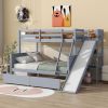 Twin over Full Bunk Bed with 2 Drawers,Slide,Shelves,Ladder,Rubber Wood Bunk Bed with Slide,Drawers,Grey