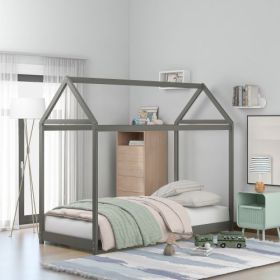 Twin Size Wooden House Bed, White (Color: Gray)