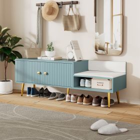 Modern Shoe Storage Bench with Hidden Storage and Upholstered Cushions for Bedside,Living Room and Entryway (Color: Light Blue, Material: MDF+Metal)