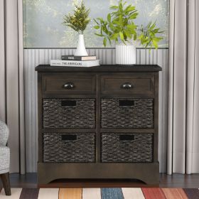 Rustic Storage Cabinet with Two Drawers and Four Classic Rattan Basket for Dining Room/Entryway/Living Room (Color: Brown Gray, Material: Solid Wood)