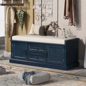 Storage Bench with 2 Drawers and 2 Cabinets,Shoe Bench with Removable Cushion for Living Room,Entryway (Color: Antique Navy, Material: Solid Wood)