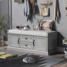 Storage Bench with 2 Drawers and 2 Cabinets,Shoe Bench with Removable Cushion for Living Room,Entryway (Color: Gray Wash, Material: Solid Wood)