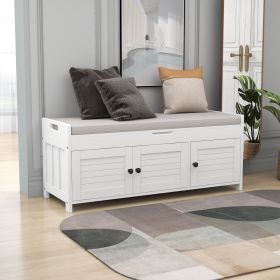 Storage Bench with 3 Shutter-shaped Doors,Shoe Bench with Removable Cushion and Hidden Storage Space (Color: White, Material: MDF)