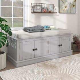 Storage Bench with 4 Doors and Adjustable Shelves,Shoe Bench with Removable Cushion for Living Room,Entryway (Color: Gray Wash, Material: Solid Wood)