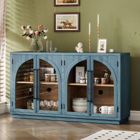 4-Door Large Storage Retro Sideboard with Metal Handles and Adjustable Shelves for Kitchen,Dining Room and Living Room (Color: Navy, Material: Solid Wood+MDF)