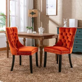 Modern High-end Tufted Solid Wood Contemporary Velvet Upholstered Dining Chair with Wood Legs Nailhead Trim 2-Pcs Set (Color: Orange, Material: Velvet)