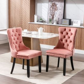 Modern High-end Tufted Solid Wood Contemporary Velvet Upholstered Dining Chair with Wood Legs Nailhead Trim 2-Pcs Set (Color: Pink, Material: Velvet)