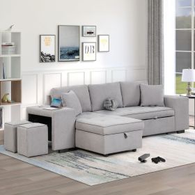 104.5" Pull Out Sleeper Sofa Reversible L-Shape 3 Seat Sectional Couch with Storage Chaise and 2 Stools for Living Room Furniture Set (Color: Gray, Material: Linen)