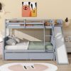 Twin over Full Bunk Bed with 2 Drawers,Slide,Shelves,Ladder,Rubber Wood Bunk Bed with Slide,Drawers,Grey