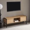 54.33" Rattan TV cabinet with variable color light strip, double sliding doors for storage, adjustable shelf, metal legs, TV console for living room